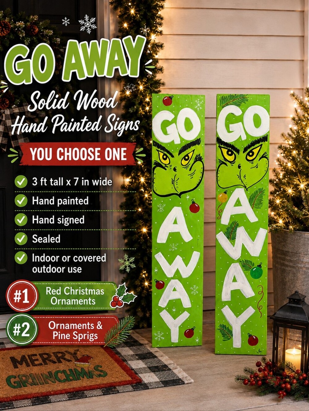 Hand Painted 💚Grinch Go Away Christmas Sign Solid Wood